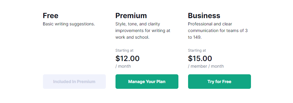 Grammarly pricing - content writing tools